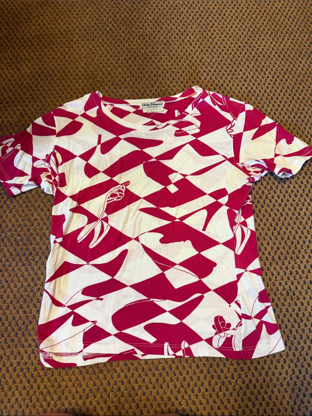 Salvatore Ferragamo White and Fuchsia Geometric Short-Sleeve Tee